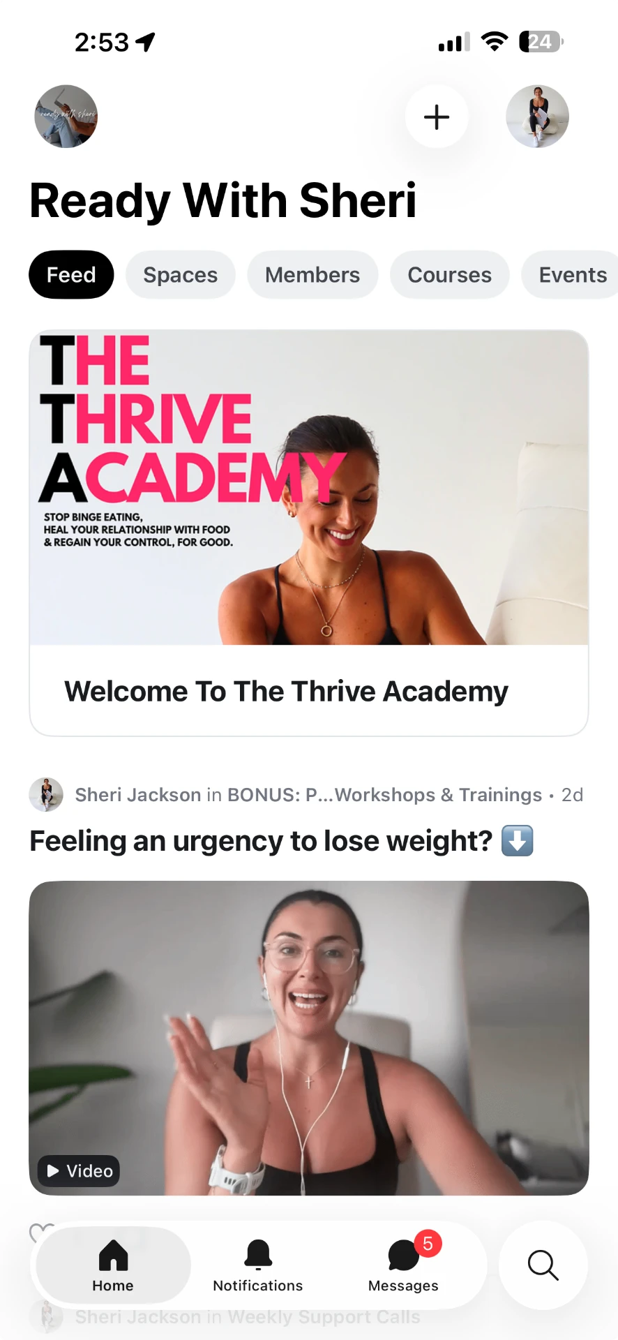 The Thrive Academy app showing lessons, coaching and the community feed